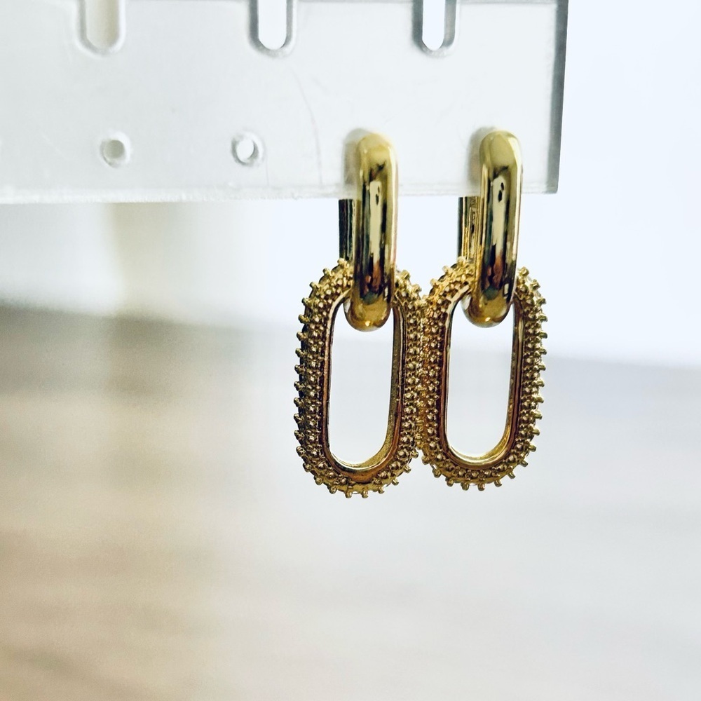 Gold 18k Plated Textured Rectangle Two in One Drop Earrings-New!